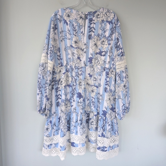 NWT New York & Company Blue & White Floral Print Babydoll Long Sleeve Dress - Picture 12 of 14